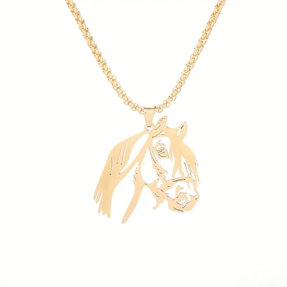 Horse Head Stainless Steel Pendant Necklace Gold Finish - Picture 2 of 5